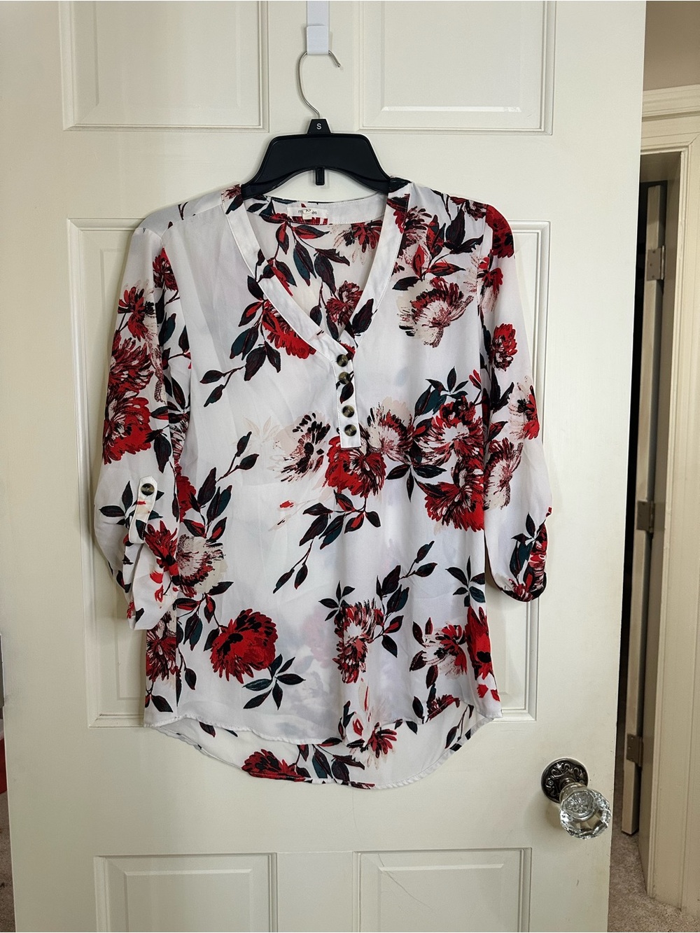 Maurices White Floral V-Neck Button Tunic with Red Blooms